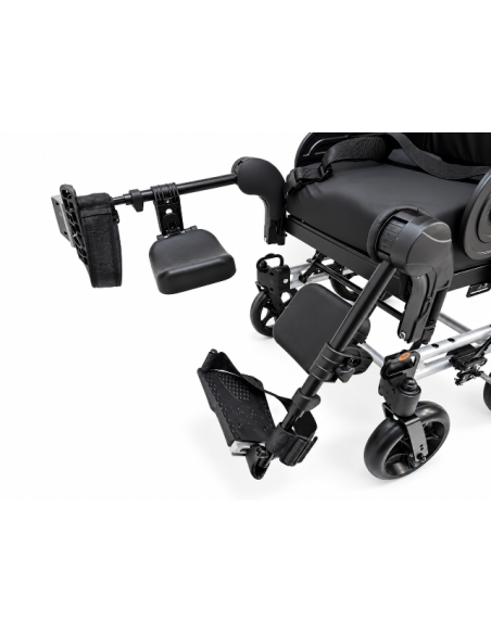 Invacare Rea Azalea tilt in space wheelchair showing different positions of elevating leg-rest.