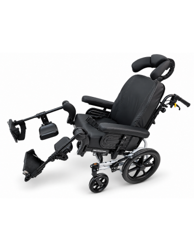 Invacare Rea Azalea Wheelchair with cheek support, tilted with legs raised.