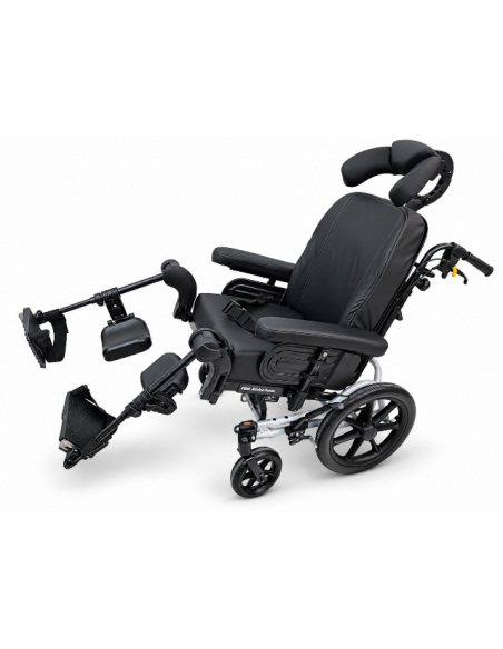 Invacare Rea Azalea Wheelchair with cheek support, tilted with legs raised.