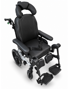 Invacare Rea Azalea Wheelchair with cheek support, tilted with legs raised. 2