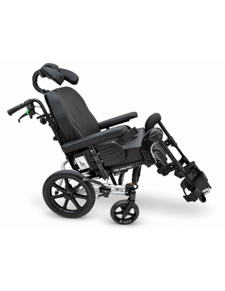 Invacare Rea Azalea wheelchair with cheek support side view in tilted position.
