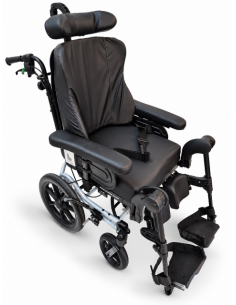 Invacare Rea Azalea wheelchair with Passad backrest cushion, tilted with legs raised. 2