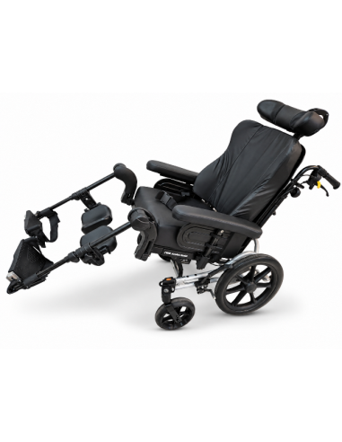 Invacare Rea Azalea wheelchair with Passad backrest cushion, tilted with legs raised.