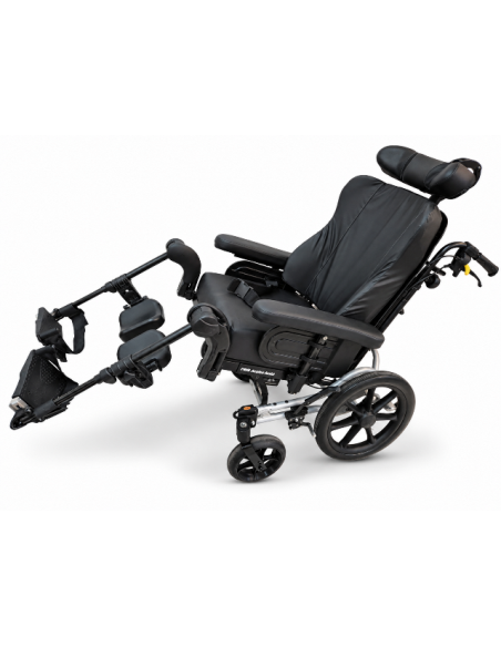 Invacare Rea Azalea wheelchair with Passad backrest cushion, tilted with legs raised.