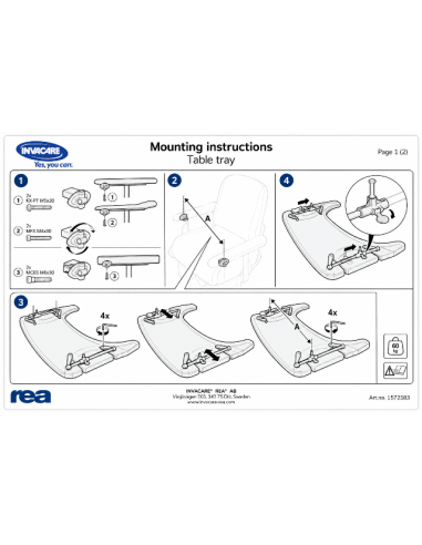Table Tray for Invacare Rea Wheelchair mounting instructions page 1.
